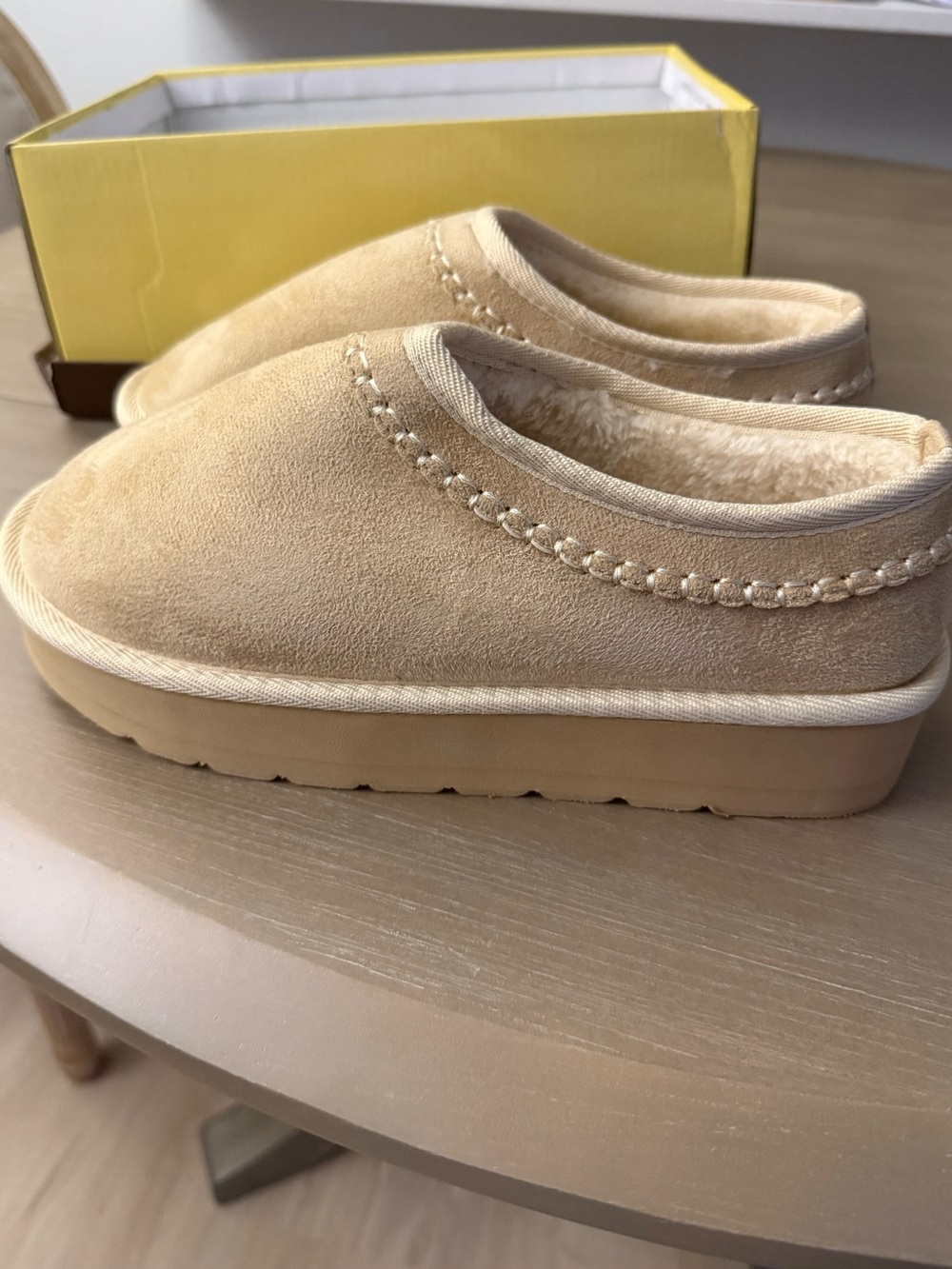 Outwoods Beige Faux-Suede Slip-On Plush-Lined Mules